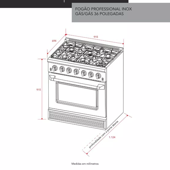 Fogão a Gás Elettromec Professional Forno a Gás 126L Inox 36" 127V