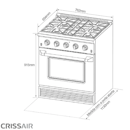 Fogão Profissional em Inox Crissair Austin com 4 Queimadores e Forno Elétrico 75cm 220v