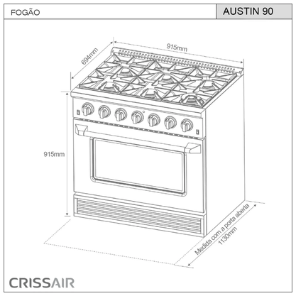 Fogão Profissional em Inox Crissair Austin com 6 Queimadores e Forno Elétrico 90cm 220v