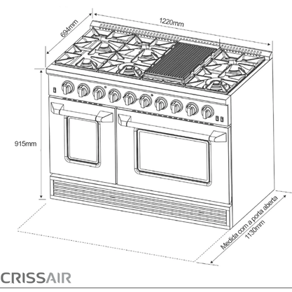 Fogão Profissional em Inox Crissair Austin com 8 Queimadores e Forno Elétrico Duplo 120cm 220v