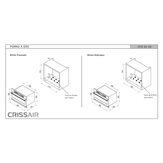 Forno a Gás de Embutir  Crissair Modelo CFE60 91LT e Grill Dourador Elétrico em Aço Inox  220V