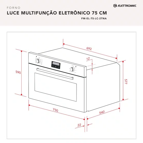Forno Elétrico de Embutir Luce Elettromec Multifunção Inox 78L 75cm 220V