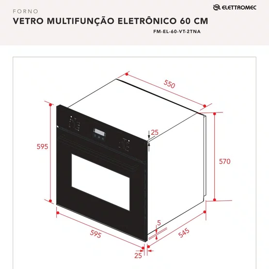 Forno Elétrico de Embutir Vetro Elettromec Multifunção Eletrônico 68L 60cm 220V