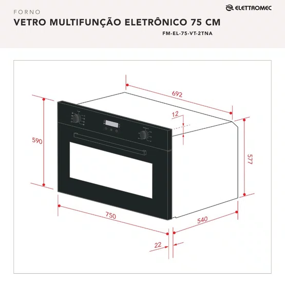 Forno Elétrico de Embutir Vetro Elettromec Multifunção 78L 75cm 220V