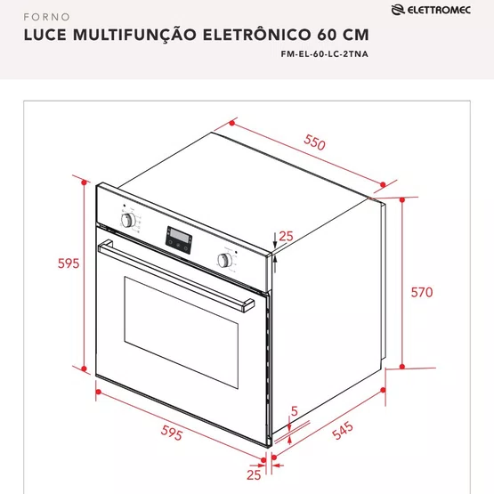 Forno Elétrico de Embutir Luce Elettromec Multifunção Inox 68L 60cm 220V