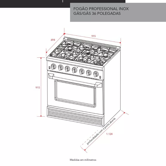 Fogão a Gás Elettromec Professional Forno a Gás 126L Black 36" 127V