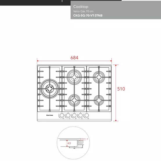 Cooktop Vetro Elettromec 5 Queimadores a Gás Vitrocerâmico 70 cm Bivolt