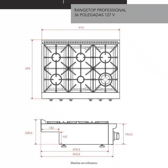 Rangetop Professional Elettromec 6 Queimadores 36 Polegadas Inox 304 127V