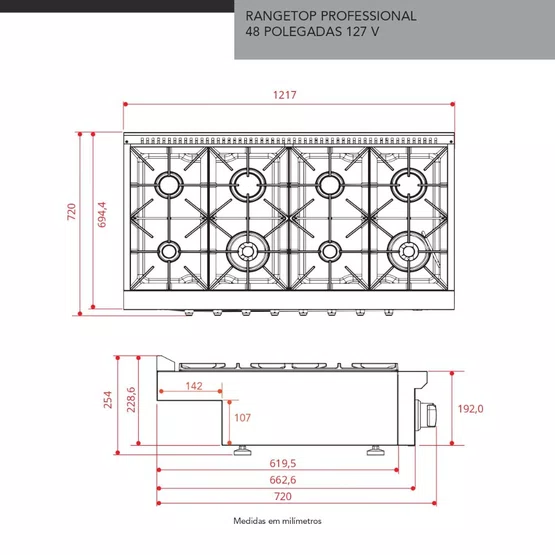 Rangetop Professional Elettromec 8 Queimadores 48 Polegadas Inox 304 127V