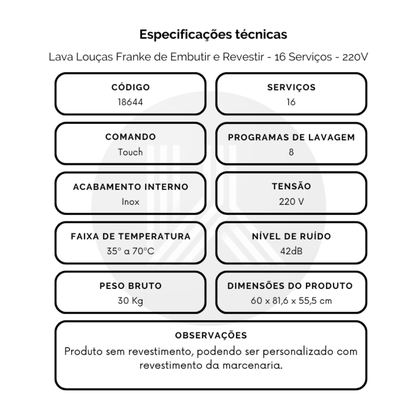 Lava-Louças de Embutir 16 Serviços Franke Maris 220V
