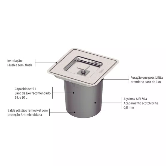 Lixeira de Embutir Clean Square 5 Litros com Tampa Quadrada em Aço Inox
