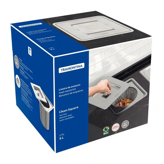 Lixeira de Embutir Clean Square 5 Litros com Tampa Quadrada em Aço Inox