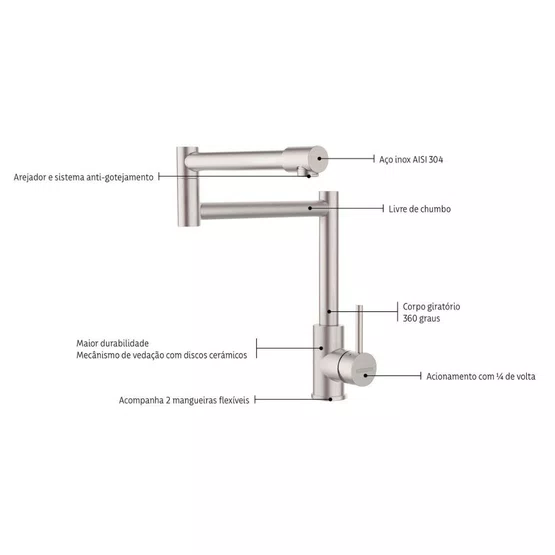 Misturador Monocomando Flexion Tramontina Quente e Fria em Aço Inox Acetinado