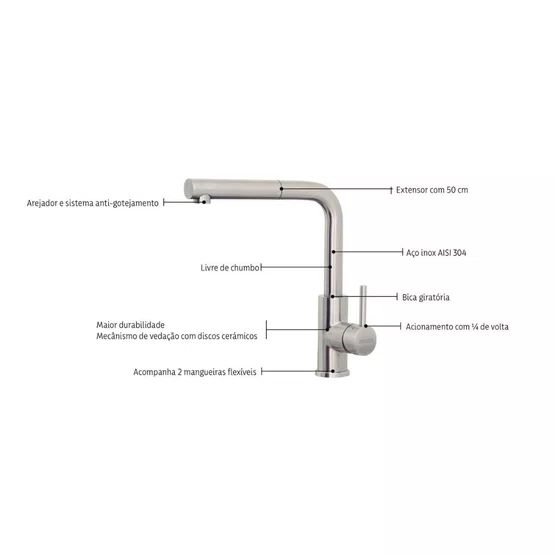 MIsturador Monocomando Monde Plus Tramontina com Extensor e Corpo 360 em Inox