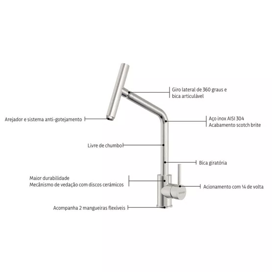 MIsturador Monocomando Versa Tramontina com Bica Articulada em Inox