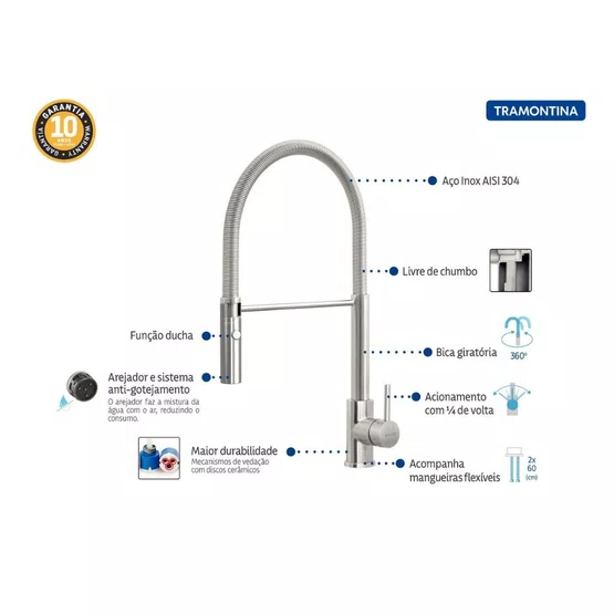 MIsturador Monocomando Versatile Tramontina com Bica Móvel em Aço Inox