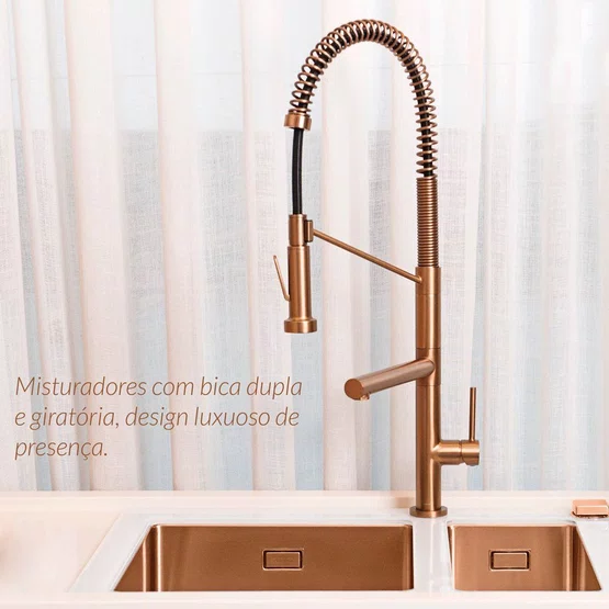 Misturador Monocomando Rubinettos Gourmet Classic Rose Gold Escovado com Bica Dupla