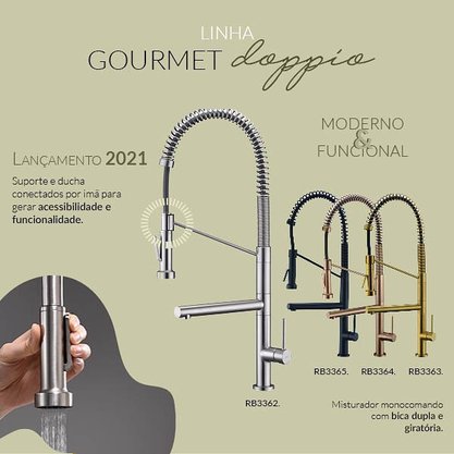 Misturador Monocomando Rubinettos Gourmet Classic Aço Escovado com Bica Dupla
