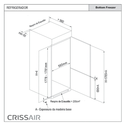 Refrigerador de Embutir e Revestir Crissair Bottom Freezer BLT 225 Litros