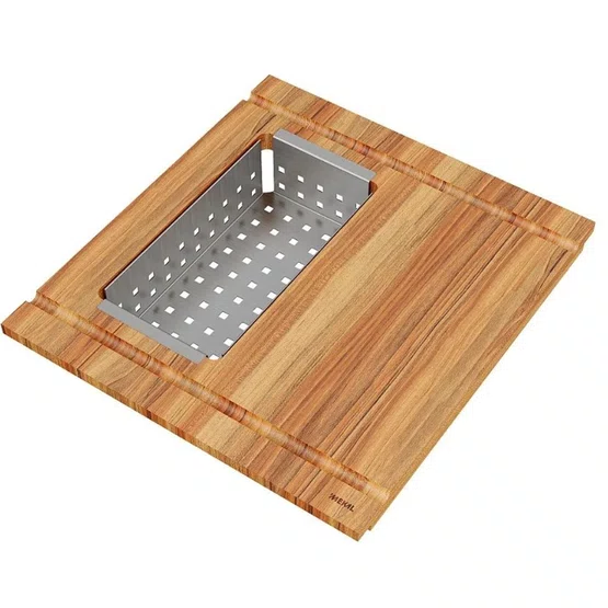 Tábua de Madeira Teca Natural com Cesto Profundo Inox Escovado Retta Mekal