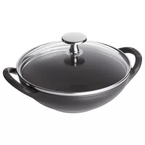 Baby Staub Wok com Tampa de Vidro New Preto Ferro Fundido 16cm