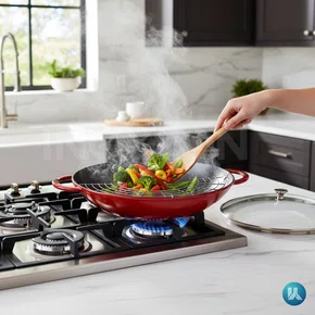 Caçarola Wok Staub Ferro Fundido com Tampa de Vidro Cereja 37cm