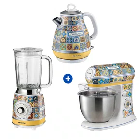 Coleção Ariete Positano Batedeira 2400W, Chaleira Inox e Liquidificador com Jarra de Vidro e Estampa Majólica
