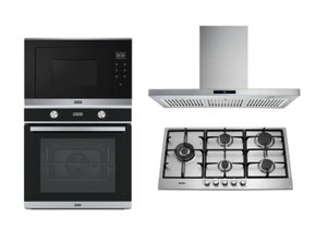 Combo de Eletros Micro-ondas de Embutir + Forno Pirolítico 71L + Cooktop Inox 90cm e Coifa de Parede